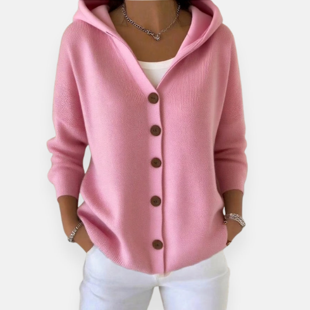 Élora | Veste à capuche en tricot avec patte de boutonnage