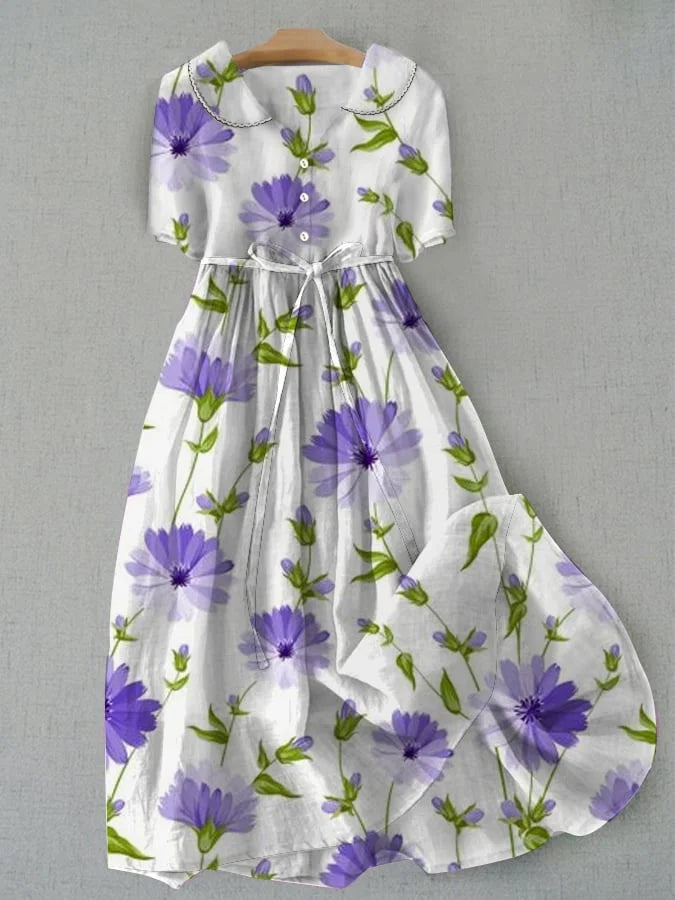 Sage - Robe florale inspirée du vintage avec taille lacée et manches mi-longues