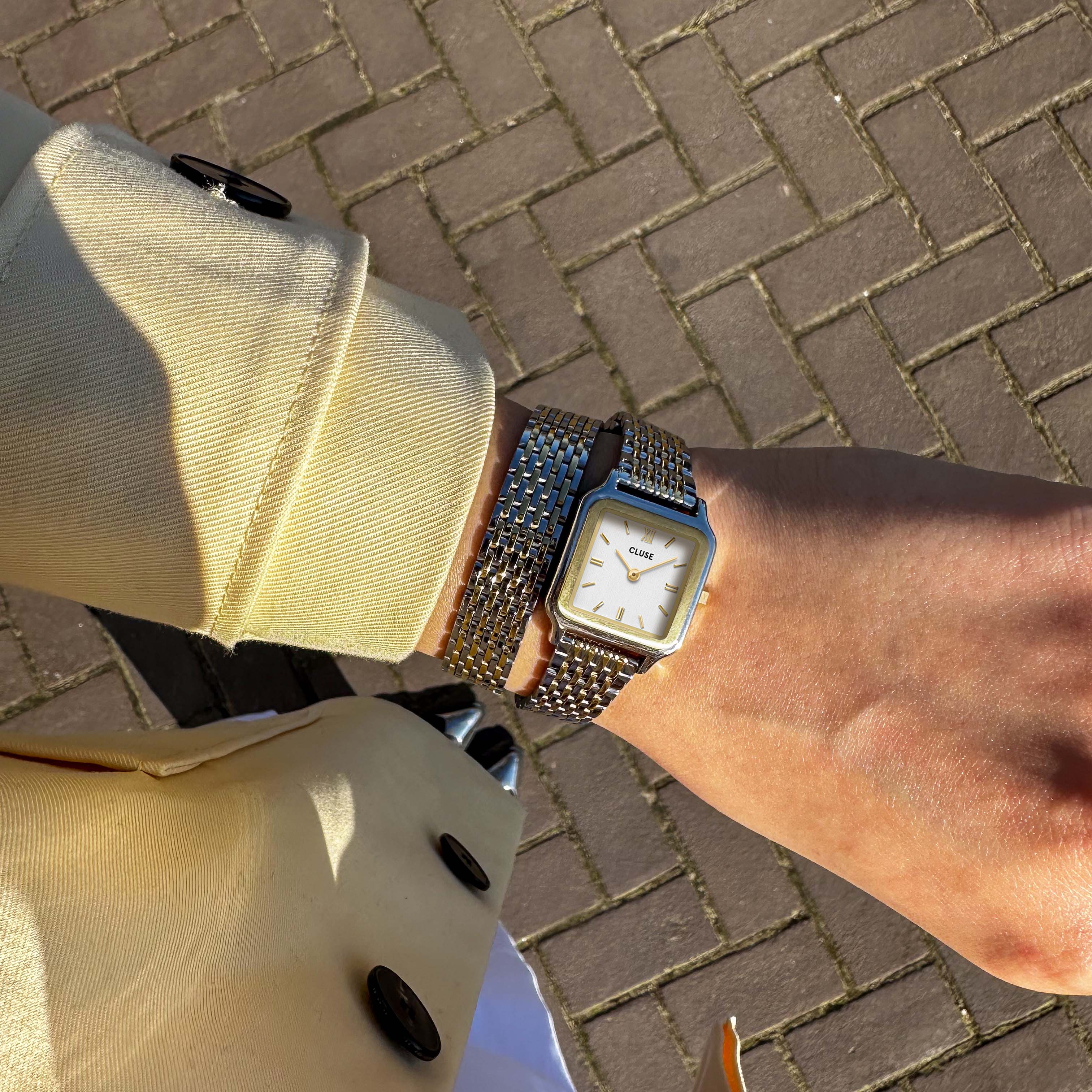 Gracieuse Petite Montre Double Acier, Blanc, Bicolore