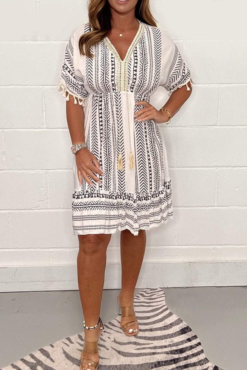 Gail™ - ROBE VINTAGE BOHÉMIENNE AVEC IMPRIMÉ ETHNIQUE