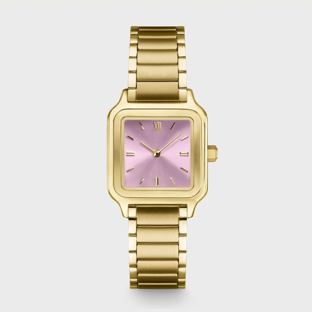 Gracieuse Petite Montre en Acier, Rose Mauve, Couleur Or