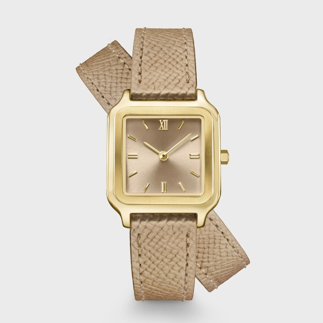 Gracieuse Petite Montre Double Cuir, Rugby Tan, Couleur Or