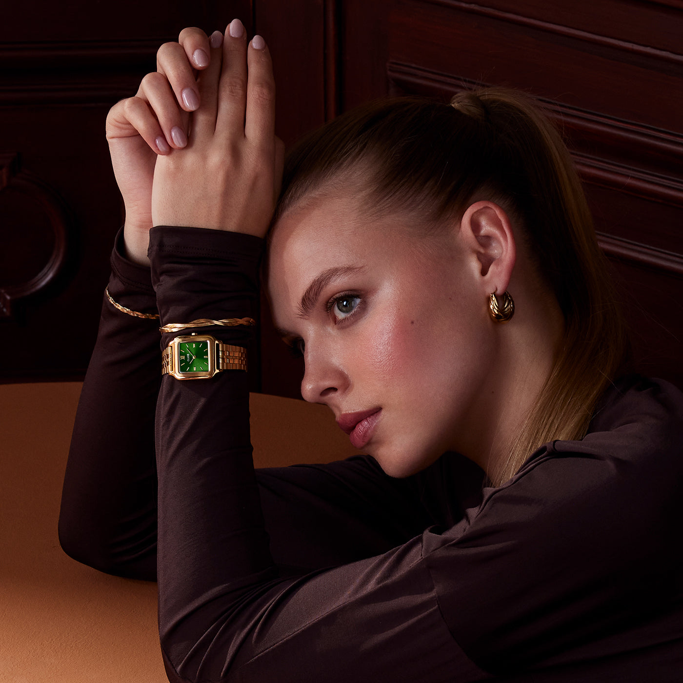 Montre Gracieuse Acier, Vert Forêt, Couleur Or