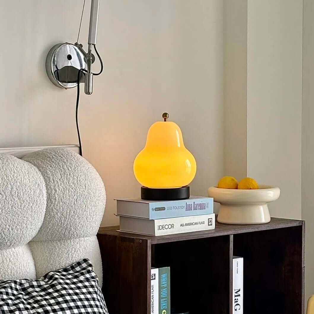 Lampe de Nuit Vintage Poire Française – Lampe de Chevet LED Rechargeable avec Abat-jour en Verre Crème