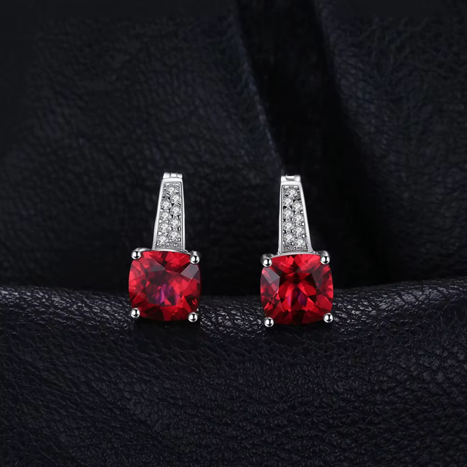 Rhodium-Plated Cushion Ruby Stud Earrings
