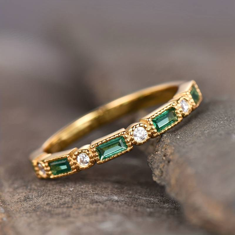 Crystal White and Green Inlaid Zirconia Gold Ring