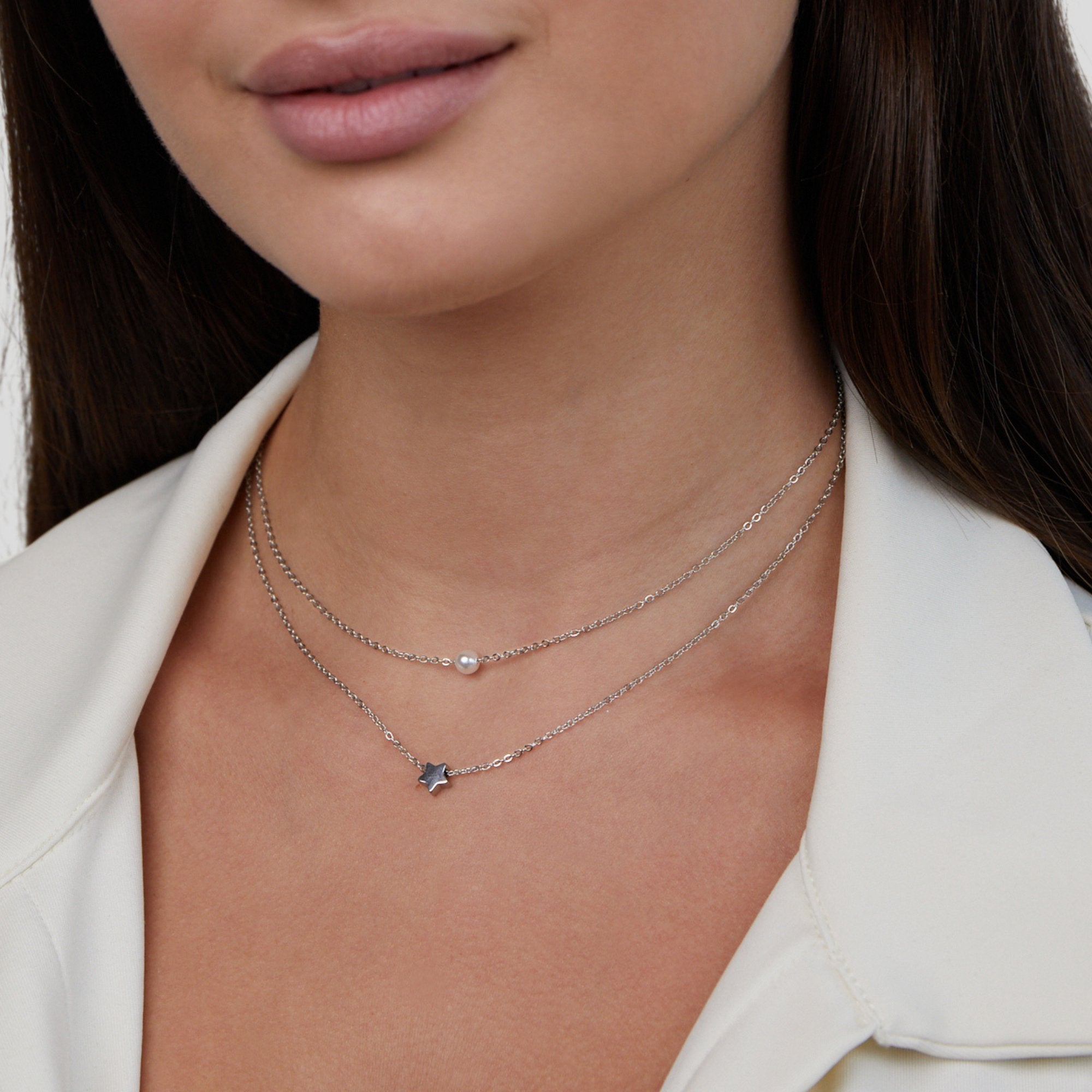 Collier en Argent Superposé avec Étoile & Perle