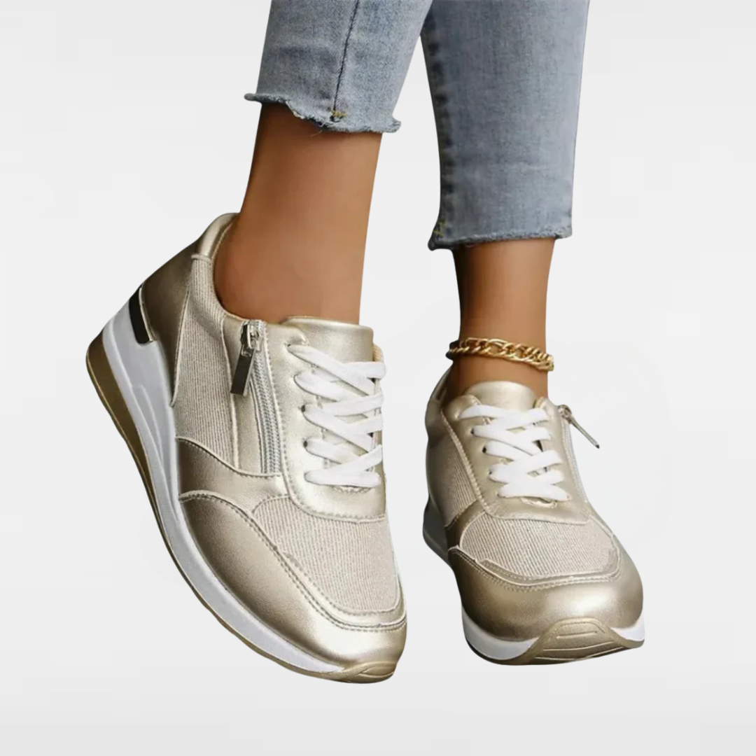 Jenny | Baskets de mode à lacets avec fermeture éclair sur le côté en argent et or scintillants