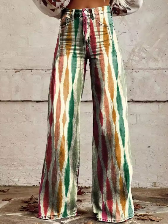 Roberta | Pantalon vintage à jambes larges et imprimé artistique