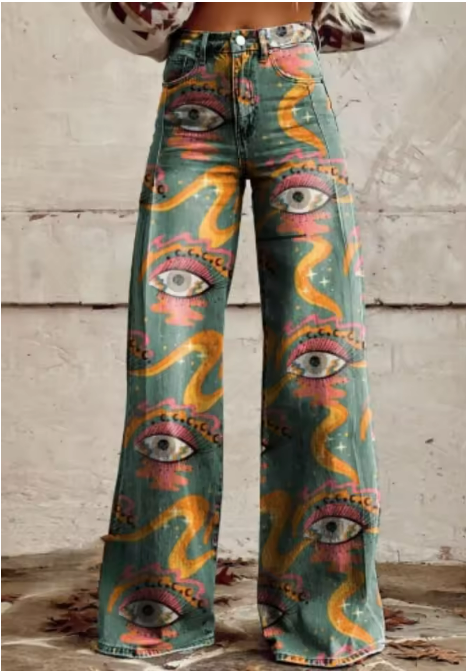 Janica | Jeans boho artistique avec design d'œil mystique