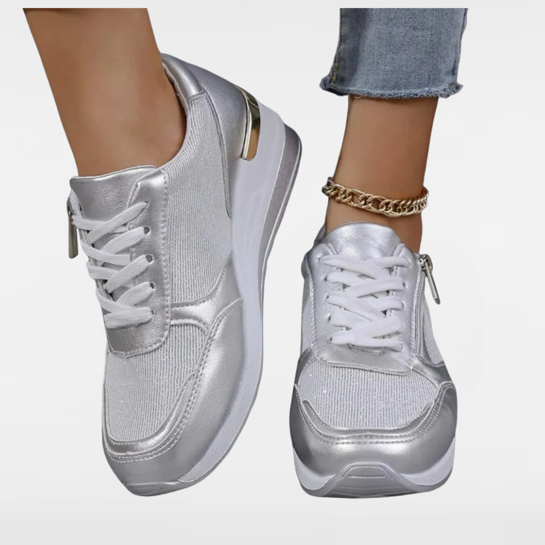 Jenny | Baskets de mode à lacets avec fermeture éclair sur le côté en argent et or scintillants