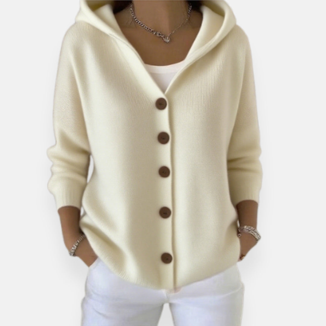 Élora | Veste à capuche en tricot avec patte de boutonnage