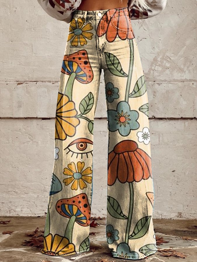 Gaia | Jean large boho avec un imprimé floral ludique