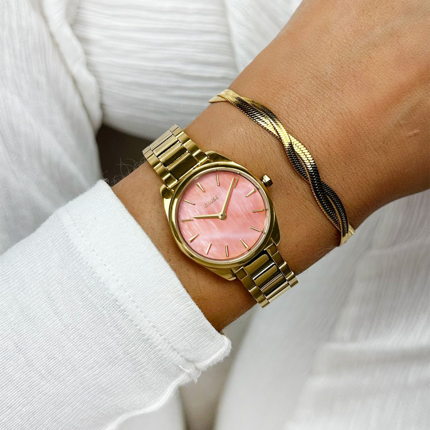 Montre Mini Féroce en Acier, Perle Abricot, Couleur Or