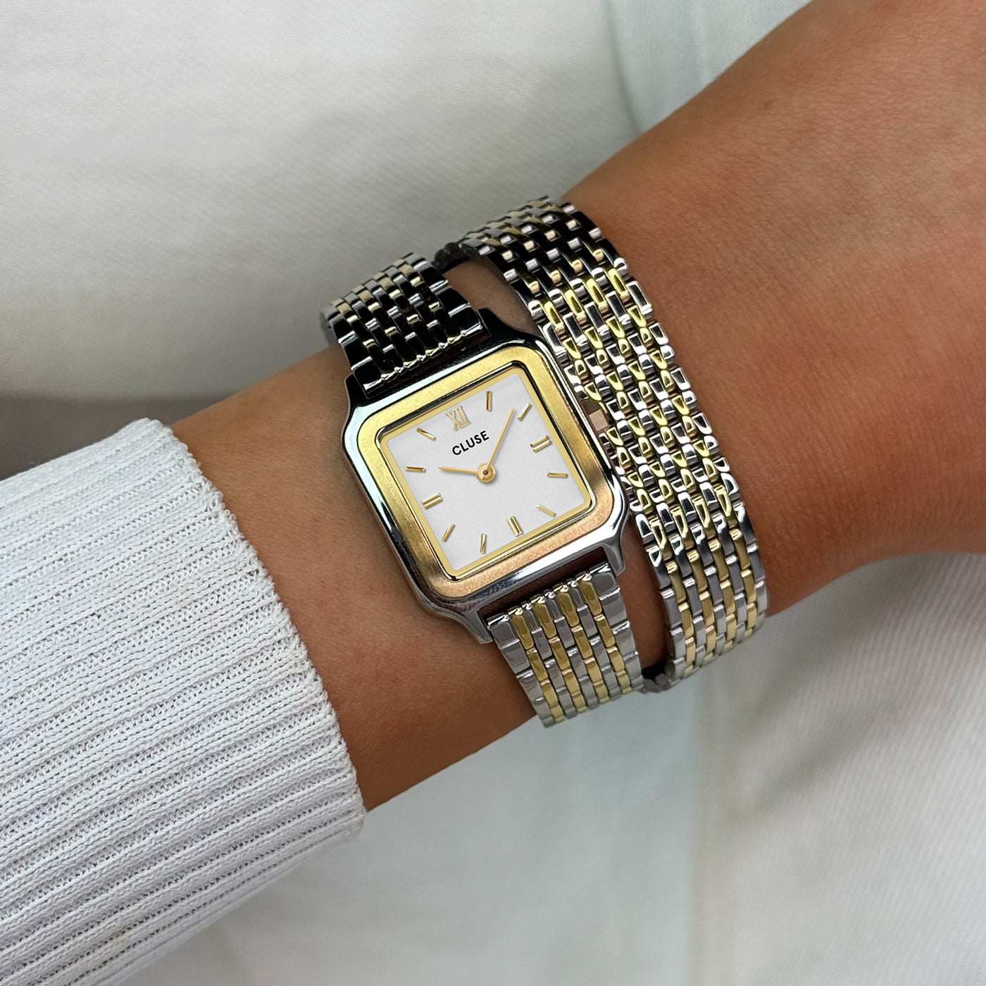Gracieuse Petite Montre Double Acier, Blanc, Bicolore