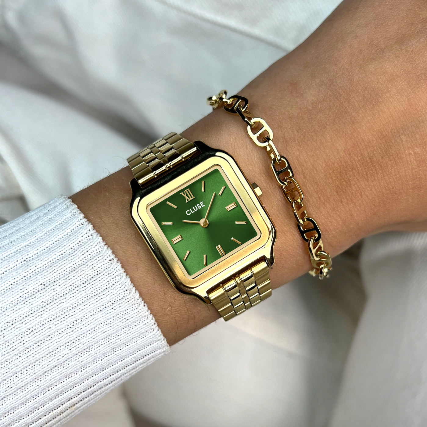 Montre Gracieuse Acier, Vert Forêt, Couleur Or