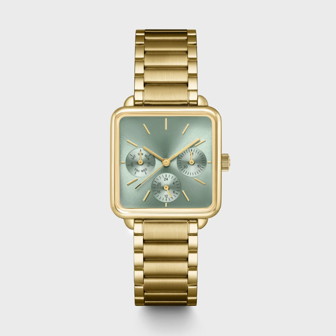 La montre multifonction Tétragone en acier, vert sauge, couleur or