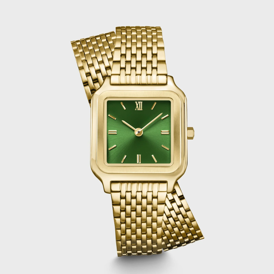 Montre Gracieuse Petite Double Acier, Vert Forêt, Couleur Or