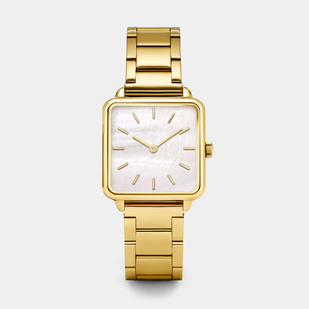 La montre Tétragone en acier, perle blanche, couleur or
