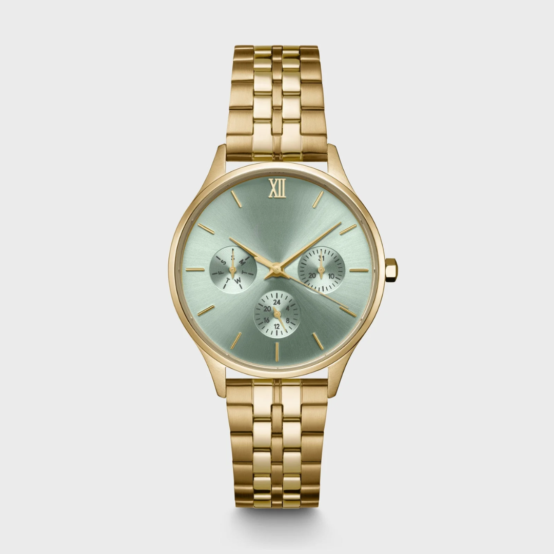 Montre Multifonction Minuit Acier, Vert Sauge, Couleur Or