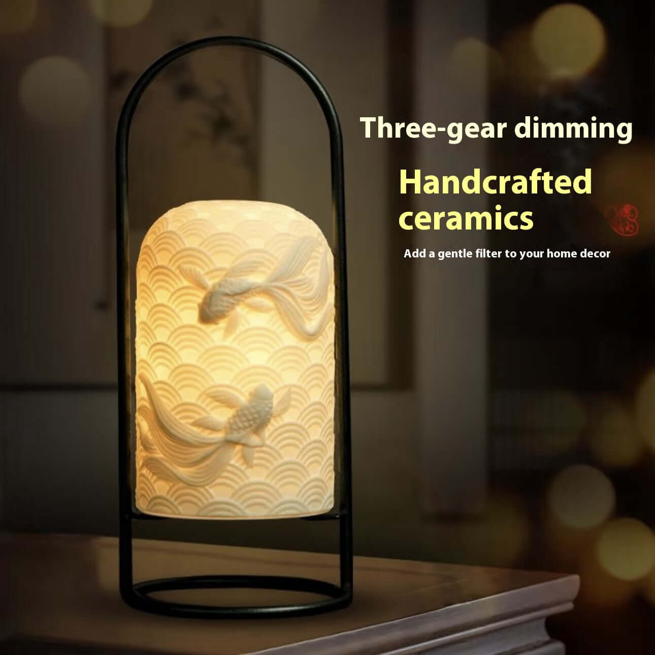 Lampe en Céramique Poisson Rouge – Lampe de Table LED Rechargeable Tactile