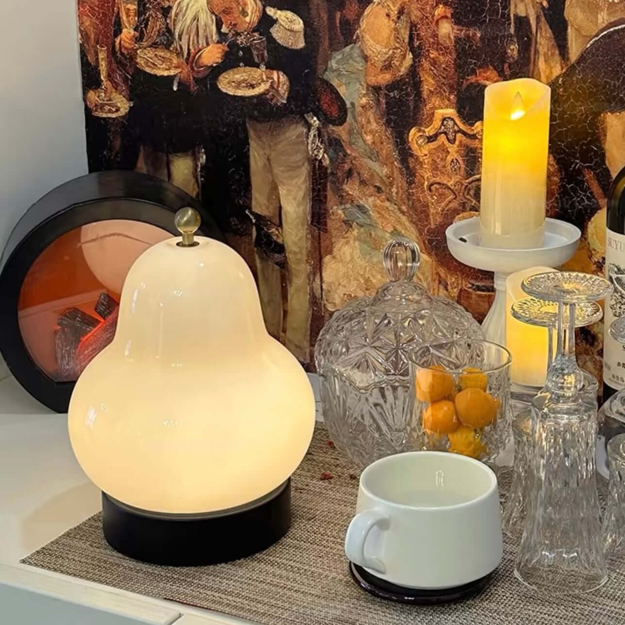 Lampe de Nuit Vintage Poire Française – Lampe de Chevet LED Rechargeable avec Abat-jour en Verre Crème