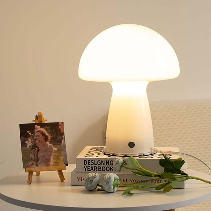 Lampe de Table Champignon | Verre, USB & Dimming Continu