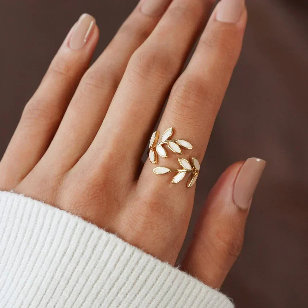 Pure – Adjustable Opal Leaf Ring in White