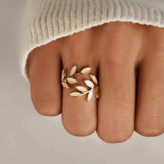 Pure – Adjustable Opal Leaf Ring in White