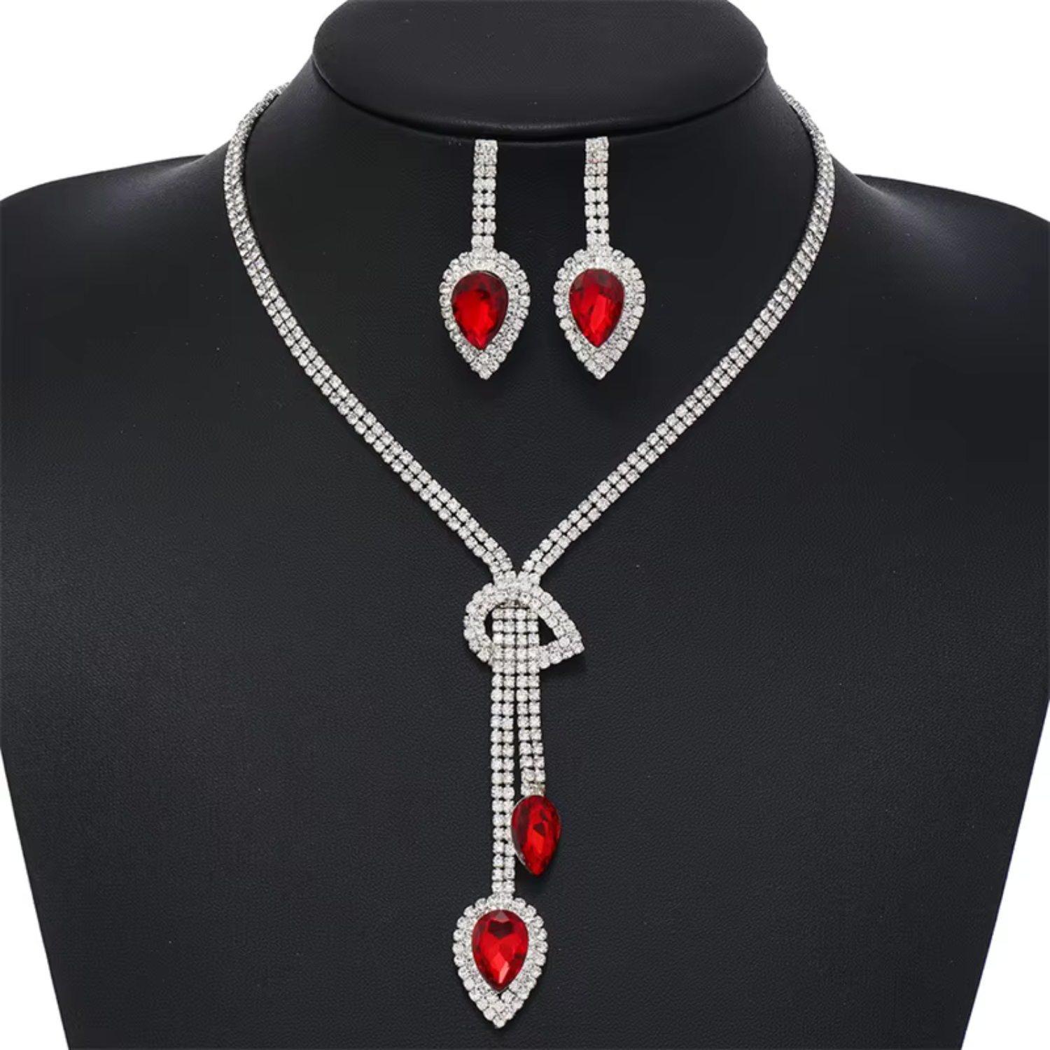 Red Rhinestone Necklace & Earring Set
