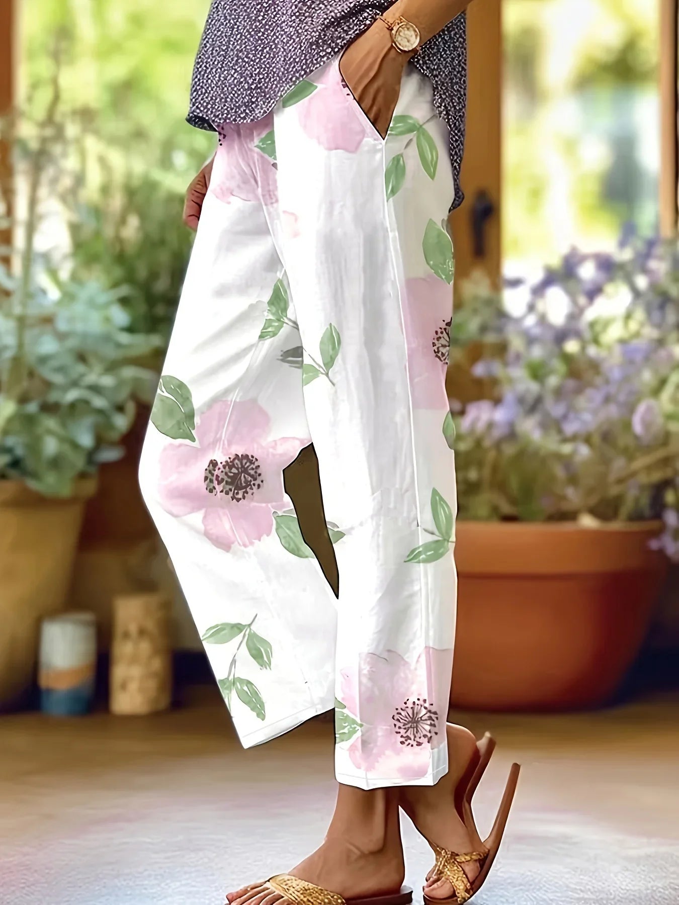 Sandy | Pantalon Élégant Grande Taille avec Imprimé Floral