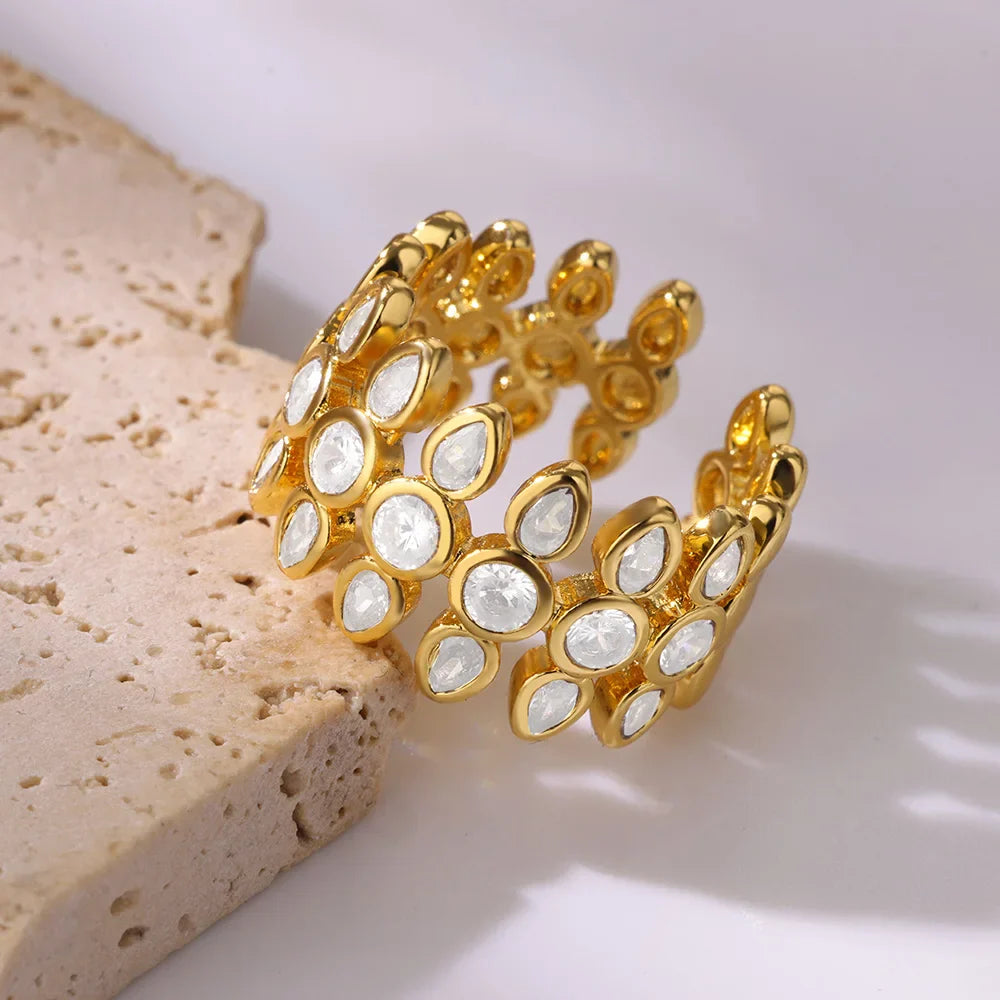 Adjustable White Inlaid Stones Gold Ring