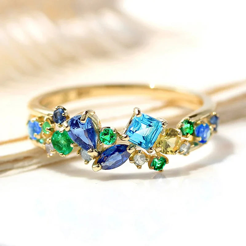 Blue & Green Inlaid Crystals Gold Ring