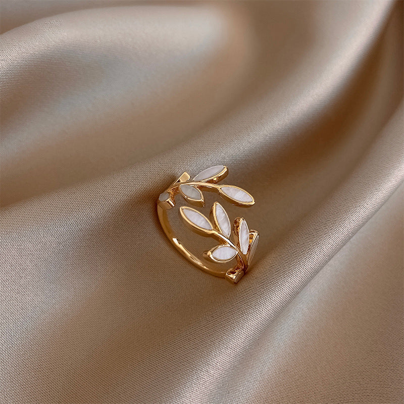 Pure – Adjustable Opal Leaf Ring in White