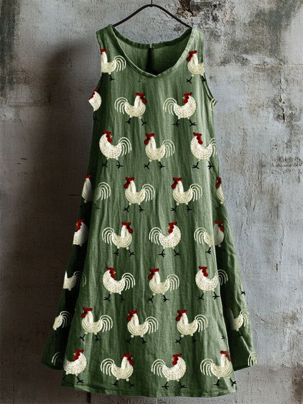 Robe Débardeur Brodée avec Coqs de Ferme