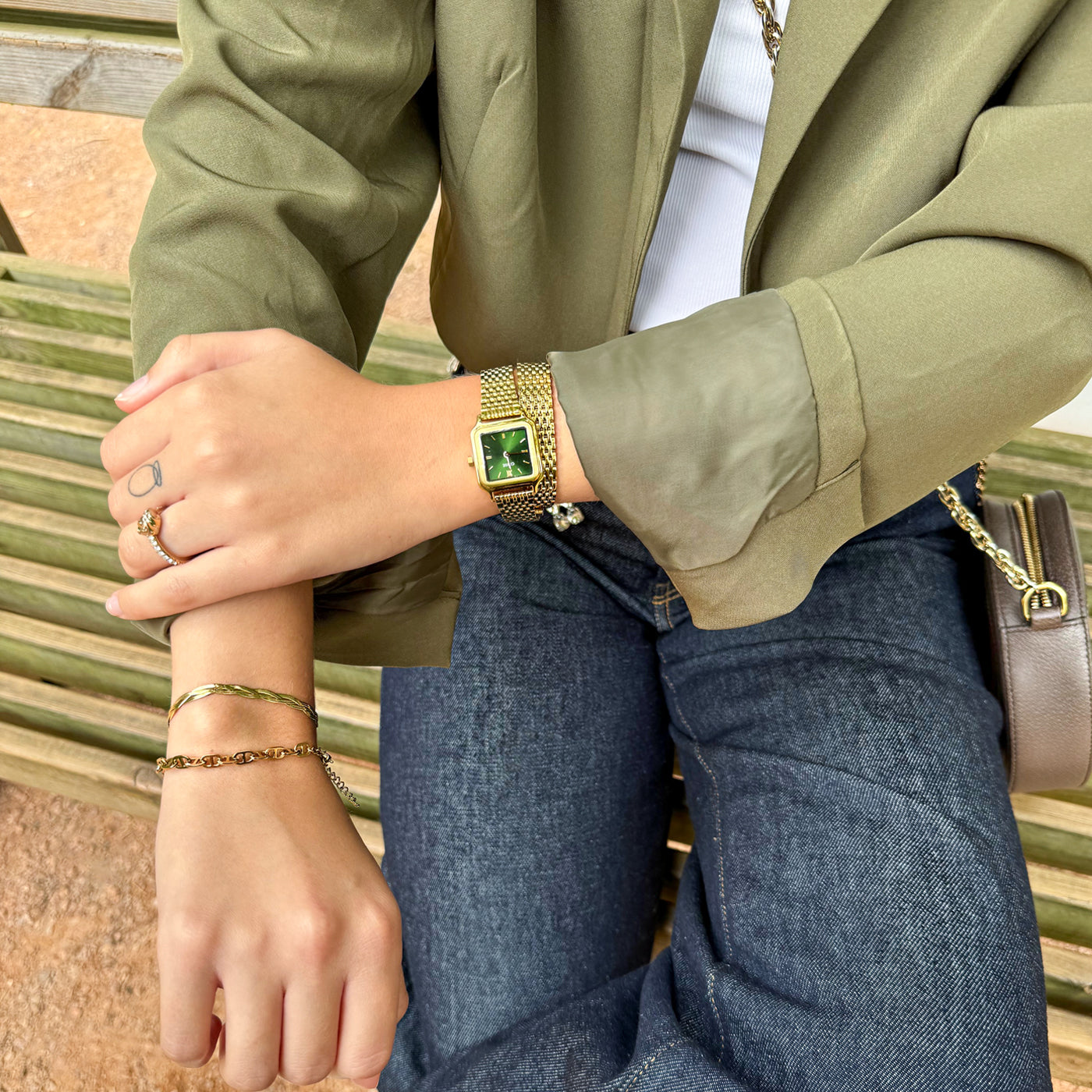 Montre Gracieuse Petite Double Acier, Vert Forêt, Couleur Or
