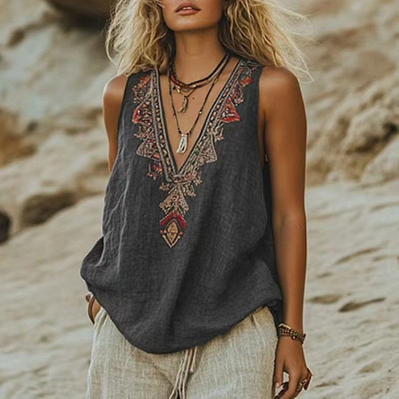 Aleka™ - HAUT SANS MANCHES VINTAGE BOHO EN LIN