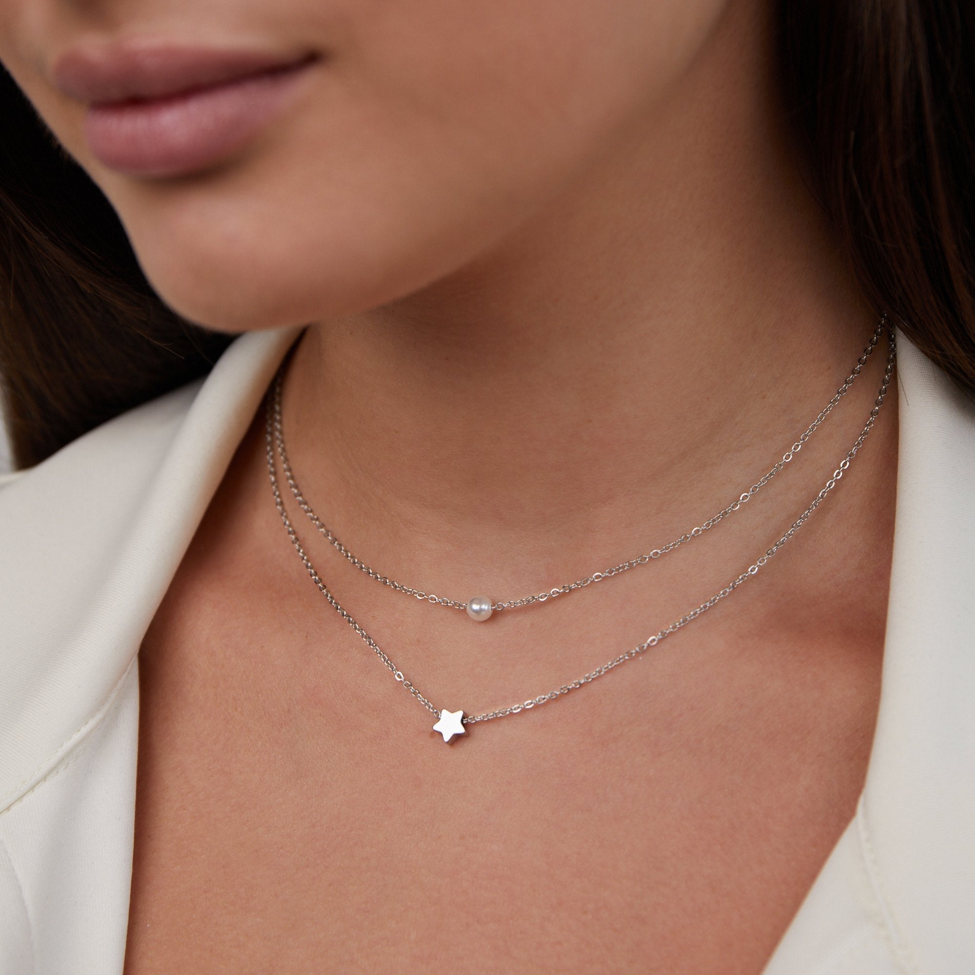 Collier en Argent Superposé avec Étoile & Perle