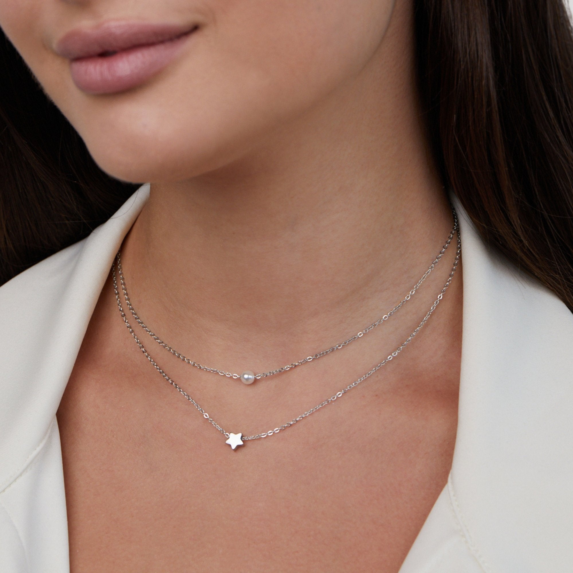 Collier en Argent Superposé avec Étoile & Perle