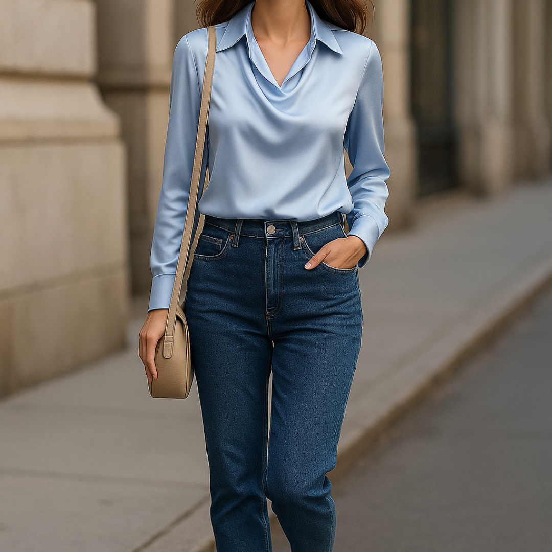 Noelle™ - BLOUSE BRILLANTE AVEC COL PLISSE