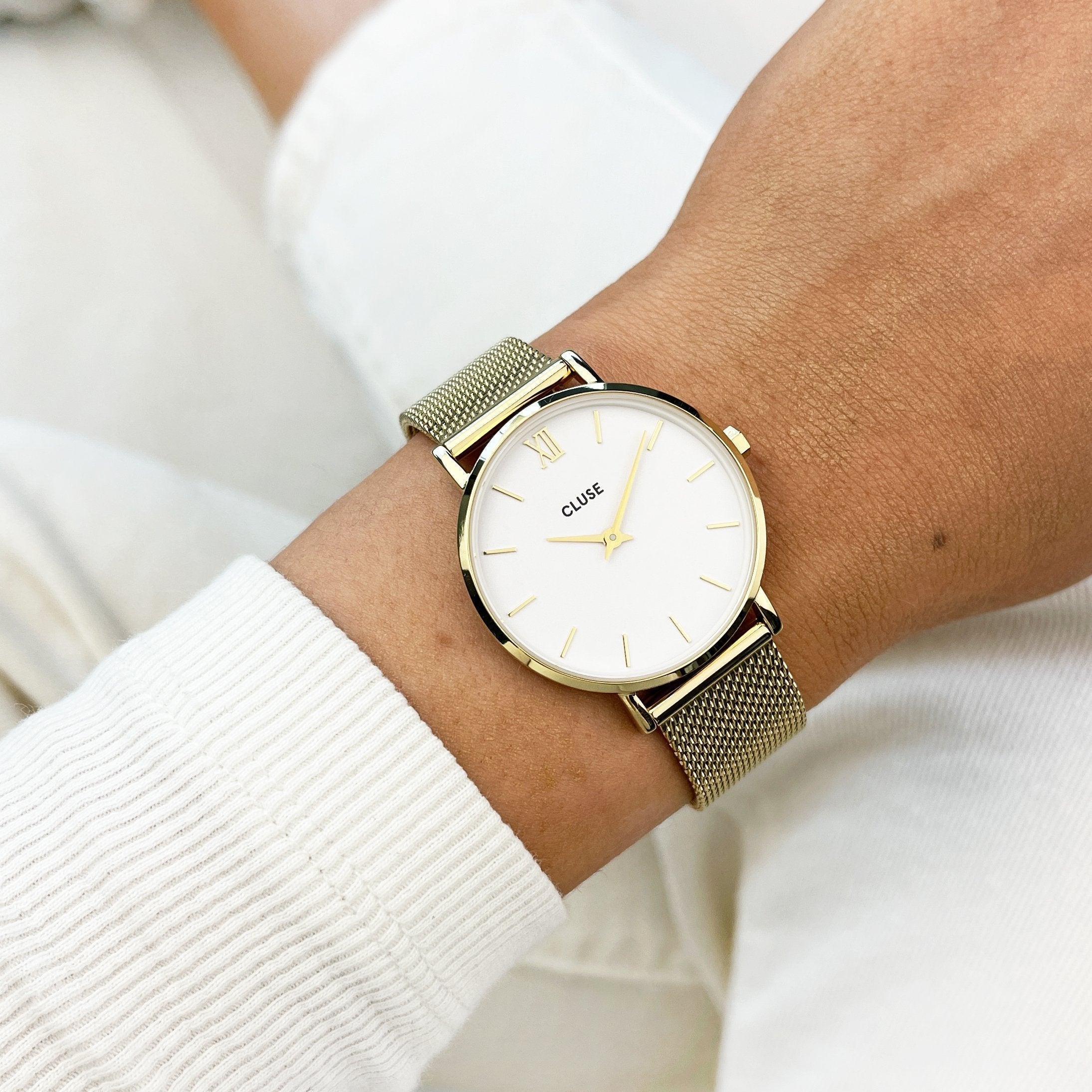 Montre Minuit Mesh, Blanc, Couleur Or